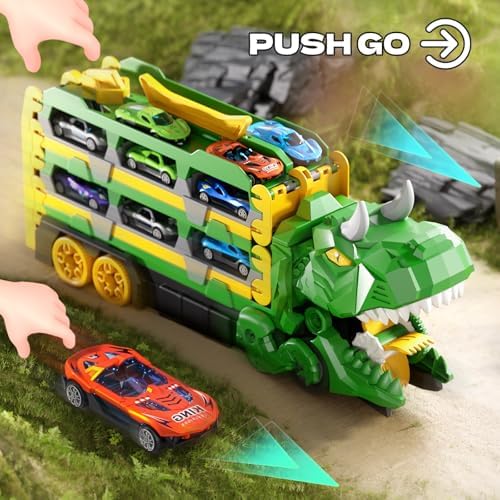 Toddler Car Truck Toys Gifts for 3 4 5 Years Old Boys, Dinosaur Transport Truck Cars Tracks Toys with 12 Pcs Die-Cast Cars, Transforms into Dino, Toy Gifts for 3 4 5 6 Year Old Boys