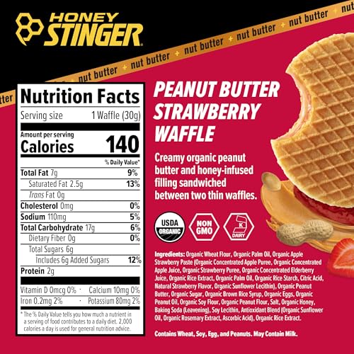 Honey Stinger Organic Peanut Butter Strawberry Waffle, Energy Stroopwafel for Exercise, Endurance and Performance, Sports Nutrition for Home & Gym, Pre & During Workout, 16.96 Ounces (Pack of 16)