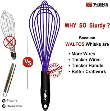 Walfos Whisk,7+9+11in Silicone Whisks for Cooking Non Scatch,Kitchen Whisk,BPA Free and Heat Resistant 480°F,Wisk Perfect for Frothing,Blending,Beating.Dishwasher Safe 3pcs Dark Purple