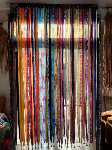 Mango Gifts Old Silk Sari Multicolor Ribbon Doorway Curtain Hippie Bohemian Room Divider Light-Filtering Boho Curtains Rod Pocket Window Drape for Livingroom Bedroom 85 x 45 Inch