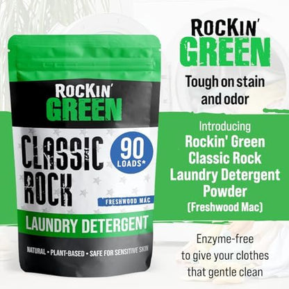Rockin' Green Classic Rock Laundry Detergent (90 Loads), Plant based, All Natural Laundry Detergent Powder, Vegan and Biodegradable Odor Fighter, Safe for Sensitive Skin, 45 oz (Freshwood Mac)