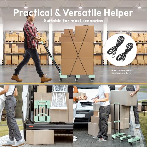 Folding Hand Truck 600lbs, Portable Heavy Duty Dolly Cart, 6 Wheels Collapsible Luggage Cart with 2 Elastic Ropes - Compact Trolley Cart for Easy Moving - Ideal Hand Cart for Travel and More