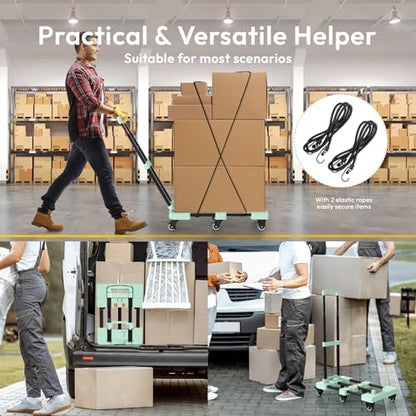 Folding Hand Truck 600lbs, Portable Heavy Duty Dolly Cart, 6 Wheels Collapsible Luggage Cart with 2 Elastic Ropes - Compact Trolley Cart for Easy Moving - Ideal Hand Cart for Travel and More