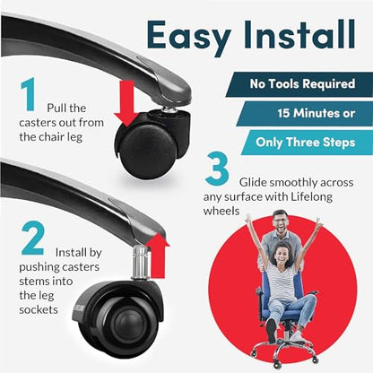 Lifelong Office Chair Dual Wheels Replacement Rubber 2 Inch Chair Casters for Hardwood Floors and Carpet, Set of 5, Heavy Duty Casters for Chairs to Replace Office Chair Mats - Fits 98%