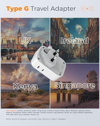 US to UK Plug Adapter, TESSAN Type G Travel Converter with 3 USB Charger(1 USB C Port), 4 Outlets Power Adaptor for USA to Qatar Ireland Hong Kong England Scotland Kenya Dubai London British