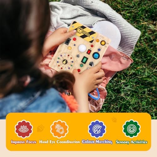 Montessori Toys Clock Wooden Busy Board with 11 LED Light switches, Tooddler Sensory Travel Toys for 1+ Year Old Baby and Toddler