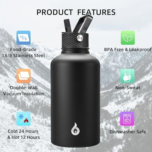 BJPKPK Half Gallon Insulated Water Bottles with Straw Lid, 64oz Large Water Jug, Stainless Steel Bottles with 3 Lids and Paracord Handle, Thermos for Hot & Cold Liquid, Black