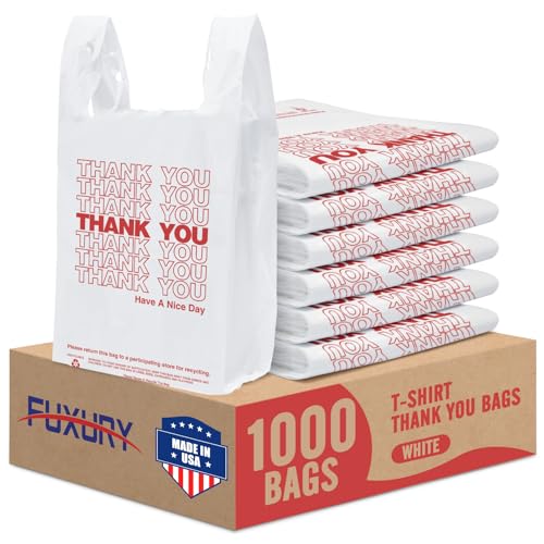 Fuxury 1000 Count Thank You Plastic Bags (12" x 6.5" x 21") White, T-shirt, Grocery, Take Out, To Go, Retail Shopping Bags in Bulk (Made in USA)