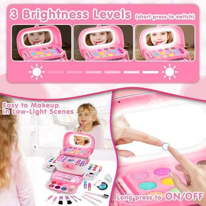 58Pcs Kids Makeup Kit for Girl - Real Washable Cosmetic Set with Light Up Mirror - Kids Makeup Sets for Girls -Play Make Up Birthday for Age 3 4 5 6 7 8 9 10 11 12 Years Old Kid -Pink