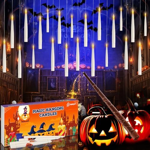 Floating Candles with Wand Remote, 20 Pcs Magic Halloween Hanging Candles, Flickering Warmer Light Flameless LED Candles with DIY Sticker, Battery Operated Halloween Decorations Gifts Indoor (20)