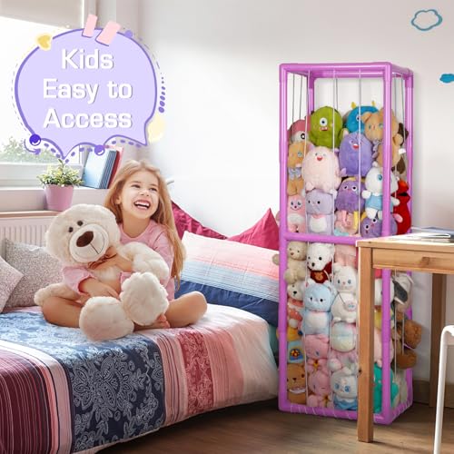 Trycooling Stuffed Animal Storage Zoo Stuffed Animal Holder Space Save Vertical Stuffed Animals Storage PVC with Elastic Band and Net for Playroom Birthday Gift for Bedroom Nursery (Purple 1)