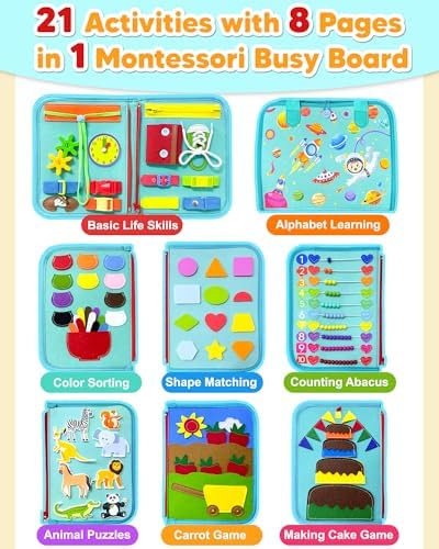 Exorany Busy Board Montessori Toys for Toddler Boy Girl Birthday Gifts, Busy Book Sensory Learning Toys for Toddlers, Toddler Airplane Car Travel Toy Educational Activities