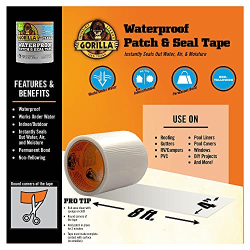Gorilla Waterproof Patch & Seal Tape, Clear Tape, 4" x 8' (Pack of 2) - Permanent Weather Resistant Seal for Leaks and Repairs