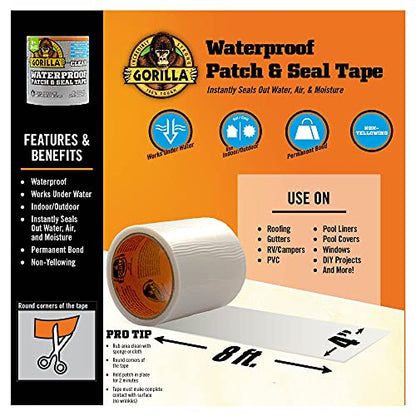 Gorilla Waterproof Patch & Seal Tape, Clear Tape, 4" x 8' (Pack of 2) - Permanent Weather Resistant Seal for Leaks and Repairs