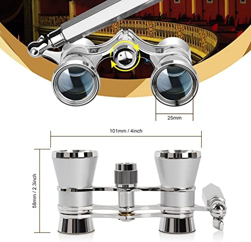 Aomekie Opera Glasses Binoculars 3X25 Lorgnette Theater Glasses Mini Binocular Compact with Handle for Adults Women in Musical Concert（Silver）