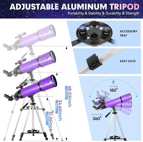 Telescope, Telescope for Adults & Kids & Astronomy Beginners, 80mm Aperture 600mm Portable Refractor Telescopes Fully Multi-Coated Optics with AZ Mount Tripod, Phone Adapter and Moon Filter