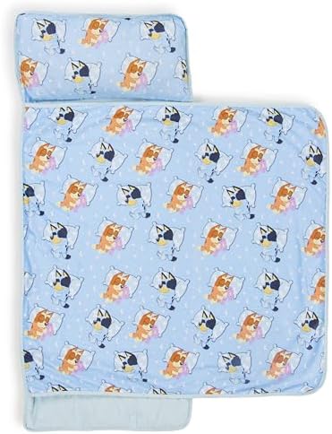 Jay Franco Toddler Nap Mat with Built-in Pillow and Blanket - Soft 46 x 20-inch Microfiber Kids Sleeping Bag for School or Sleepover, Blue - Bluey & Bingo