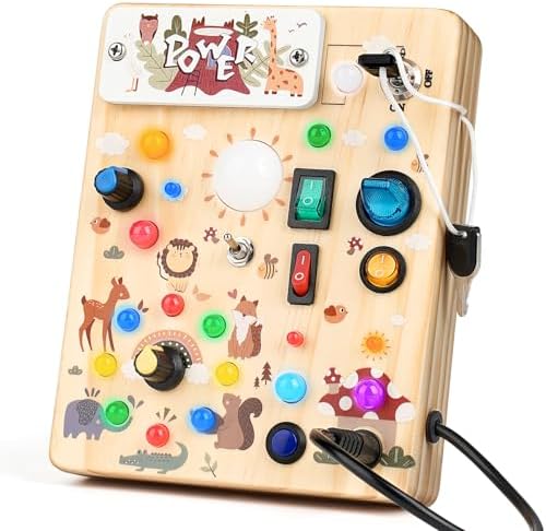 Joyreal Wooden Busy Board with LED Lights, Montessori Sensory Toys for Toddlers, Activity Fidget Board Travel Toys for Fine Motor Skills & Learning, Gifts for 1-3 Year Old Boys & Girls (Forest Theme)