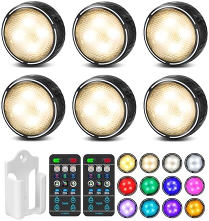 LED Puck Lights with Remote Control, Battery Operated Wireless Closet Light, Under Cabinet Lighting Stick on Tap Push Lights, Color Changing Under Counter Light for Kitchen, 6 Pack - Black