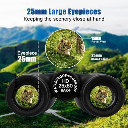 Binoculars 25X60 High Power Binocular for Adults with BAK4 Prism FMC Lens HD Professional Waterproof Big Eyepiece Binoculars for Bird Watching Sports Concerts Traveling Wildlife Hunting