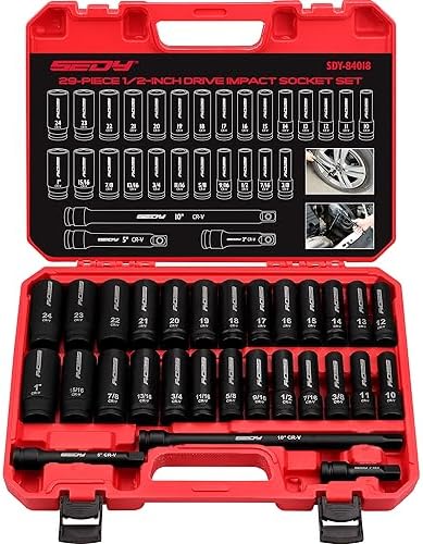 29-Piece 1/2" Drive Impact Socket Set, SAE (3/8 to 1 inch) and Metric (10-24mm) Sizes with Extension Bars Standard Deep Socket Set CR-V Material High Durability Impact Wrench