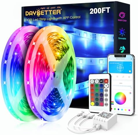 DAYBETTER LED Strip Lights 200ft (2 Rolls of 100ft), Color Changing Lights Strip for Bedroom, Desk, Indoor, Room Bedroom, Girl Boy Brithday Gifts RGB Decor with Remote and 24V Power Supply