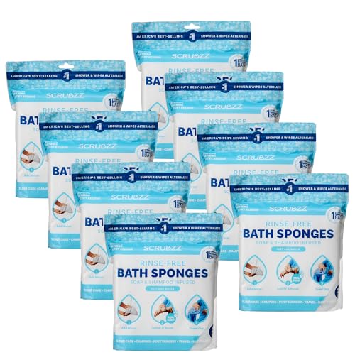 Scrubzz Disposable No Rinse Bathing Wipes - All-in-1 Single Use Shower Wipes, Simply Dampen, Lather, and Dry Without Shampoo or Rinsing (Unscented, 8-Pack)