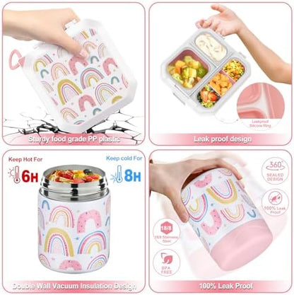 Bento Lunch Box for Kids with 12oz Soup Thermo Leak-Proof Lunch Food Container with 5 Compartment Thermo Hot Food Jar and Insulated Lunch Bag for Kid Toddler Girls Boys to School