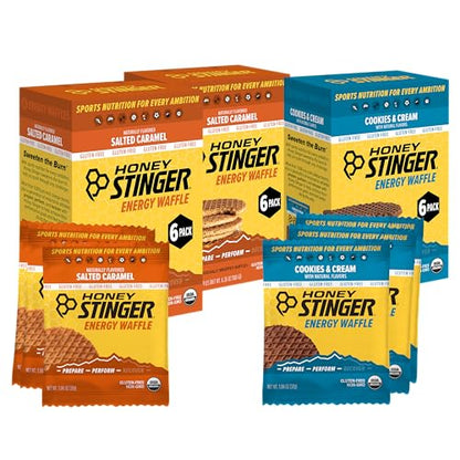 Honey Stinger Organic & Gluten Free Energy Waffle Variety Pack, 12 Salted Caramel and 6 Cookies & Cream Waffles, Nutritious Stroopwafel Snack for Exercise, Endurance and Performance