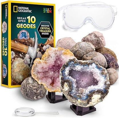 National Geographic Break Open 10 Premium Geodes – Includes Goggles & 2 Display Stands - Great STEM Science Kit, Geology Gift for Kids, Break Your Own Geodes with Crystals