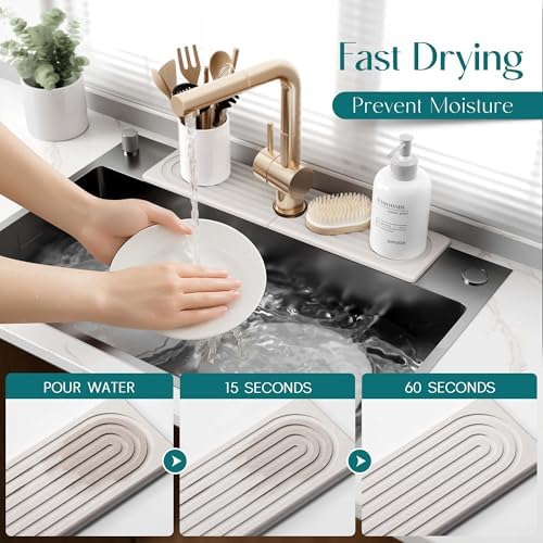 Large Faucet Mat for Kitchen Sink - Stone Drying Mat for Kitchen Counter, Diatomite Fast Drying Stone Sink Tray, Super Absorbent, Stylish Decor and Protector for Bathroom [Light Grey, 23.6" x 5.5"]
