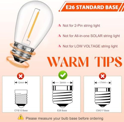 36 Pack S14 LED Bulbs for Outdoor String Lights, Shatterproof Replacement Edison Bulbs for Patio String Lights Outdoor Waterproof, Warm White 2200K, Dimmable, E26 Standard Base