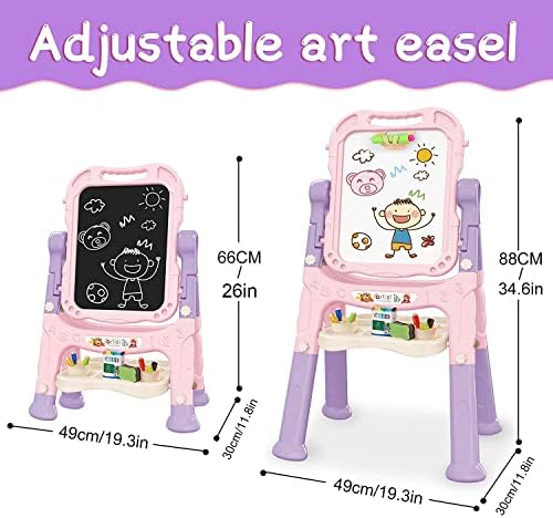 Art Easel for Kids, Adjustable Standing Rotatable Double Sided Easel with Painting Accessories for Toddlers Boys and Girls-Pink