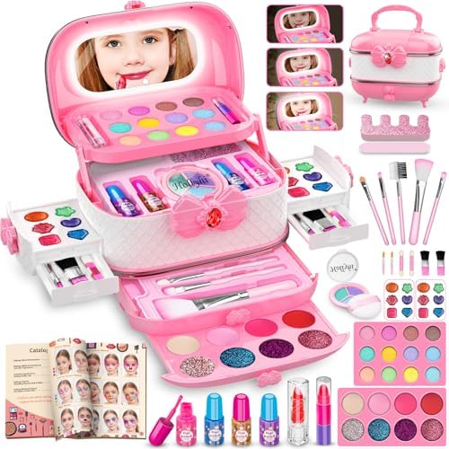 58Pcs Kids Makeup Kit for Girl - Real Washable Cosmetic Set with Light Up Mirror - Kids Makeup Sets for Girls -Play Make Up Birthday for Age 3 4 5 6 7 8 9 10 11 12 Years Old Kid -Pink