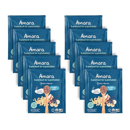 Amara Organic Baby Food | Oats and Berries | Baby Cereal to Mix With Breastmilk, Water, or Baby Formula | Baby Food Pouches, Made from Organic Fruit and Veggies | Stage 2 | 10 Pouches