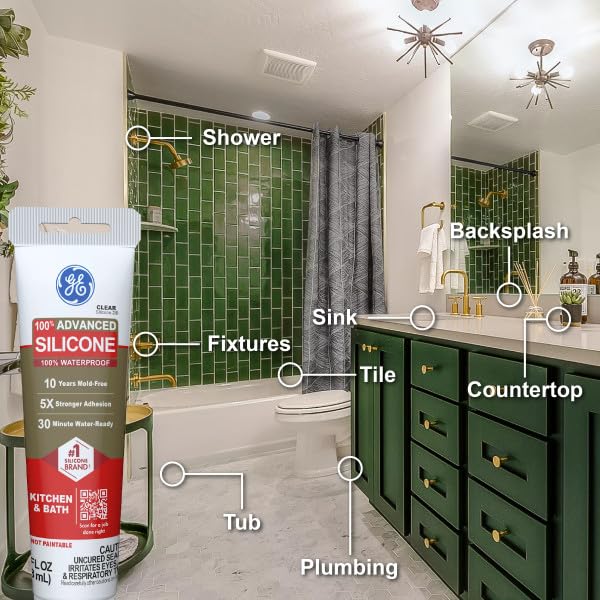 GE Advanced Silicone Caulk for Kitchen & Bathroom, White, 2.8 fl oz Tube, 12 Pack - 100% Waterproof Silicone Sealant, 5X Stronger Adhesion, Shrink & Crack Proof