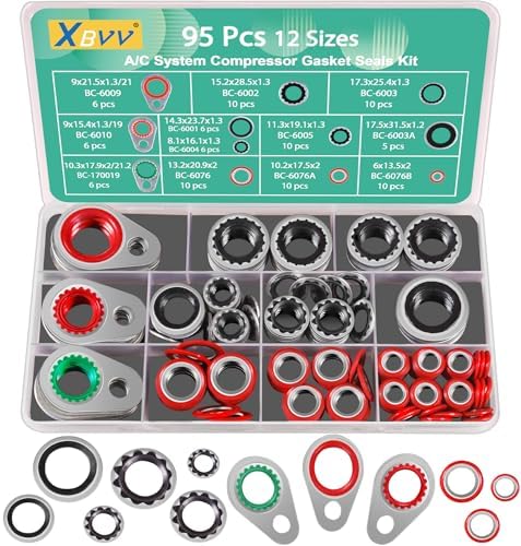 95 PCS 12 Sizes Premium A/C Conditioning System Compressor Gasket Seal, Automotive Air Conditioning Compressor Port Seal Gasket Kit Bonded Gasket Seal Assortment Set