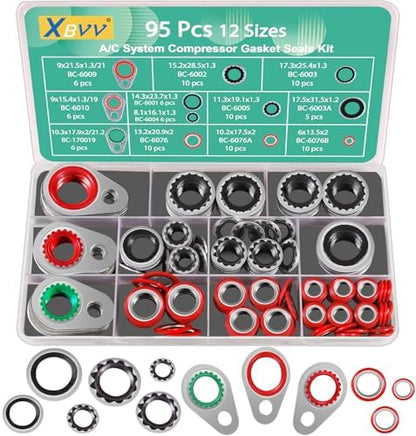 95 PCS 12 Sizes Premium A/C Conditioning System Compressor Gasket Seal, Automotive Air Conditioning Compressor Port Seal Gasket Kit Bonded Gasket Seal Assortment Set