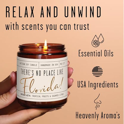 Florida Gifts, Florida Decor for Home - 'There's No Place Like Florida Candle, w/Tropical Fruits & Sugared Citrus I Florida Souvenirs I Florida State Gifts I 9oz Jar, 50Hr Burn, USA Made