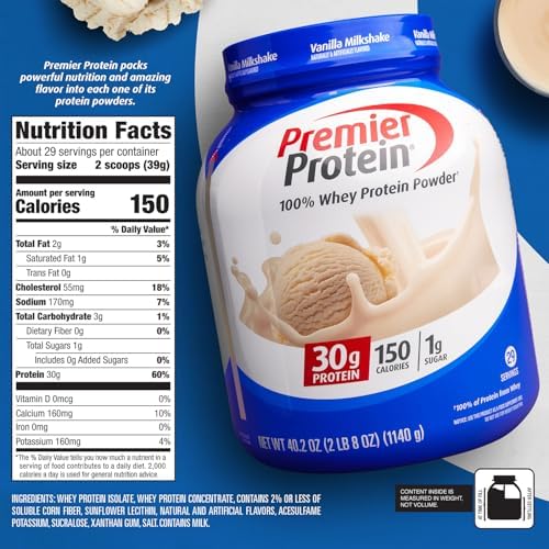 Premier Protein Protein Powder, 30g Protein, 1g Sugar, No Soy Ingredients, Gluten Free, Vanilla Milkshake, 29 Servings, 40.2oz