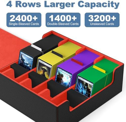 Mlikero Card Deck Case, 2400+ Trading Card Storage Box with 10 Colorful Dividers and 4 Foam Stoppers, Leather Magnetic Closure Commander Deck Box Fit for MTG, TCG (4 Rows, Black&Red)