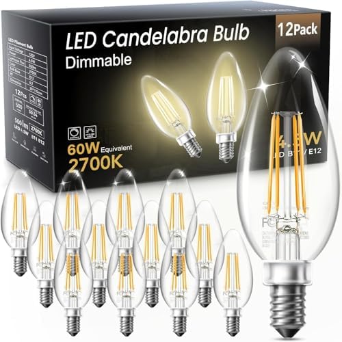 TJOY LED Candelabra Bulbs Dimmable, 60W Equivalent Chandelier Light Bulb, E12 Small Base, 4.5W 2700K Soft Warm White, B11 Vintage Filament Clear Glass Candle Light for Ceiling Fan Chandeliers, 12Pack