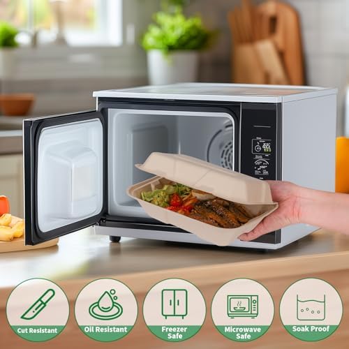 Aricsen Compostable 50 Pack 9x6 Inch Takeout Lunch Box Containers with Lid To Go Take Out Clamshell for Food, Disposable Eco-Friendly Biodegradable Bagasse, PFAS-Free, Brown