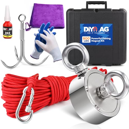 DIYMAG Fishing Magnet Kit, 800 LBs Pulling Force, Super Strong Neodymium Fishing Magnets Kit with Case, 20m (65 FT) Durable Rope，Gloves，Grappling Hook，Carring Bag，Towel and Thread Locker