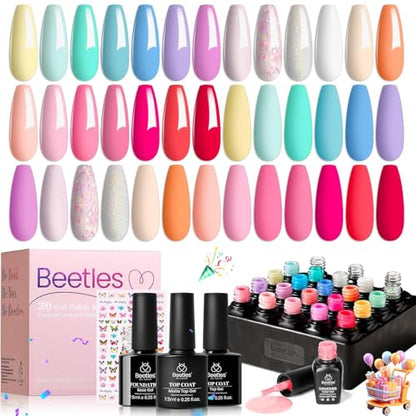 Beetles 23Pcs Gel Nail Polish Set with Base Top Coat, Pastel Bright Neon Colors Gel Polish Kit Nude Blue Pink Red Green Purple Colors Soak off Uv Nail Spring Gift for Girls