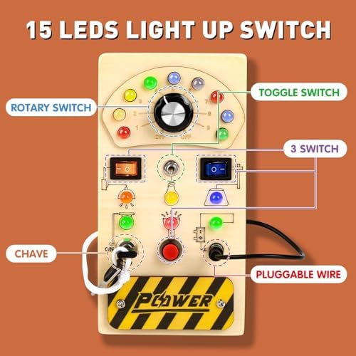 Joyreal Toddler Busy Board, Wooden Montessori Busy Board Sensory Board with LED Light Switch, Sensory Toys Baby Fidget Board Travel Toys for Toddler