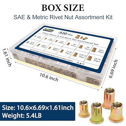Metric & SAE Rivet Nut Assortment Kit(920 Pcs), M3 M4 M5 M6 M8 M10#6-32#8-32#10-24 1/4"-20 5/16"-18 3/8"-16 UNC Flat Head Rivnut Set, Zinc Plated Finish Carbon Steel Nutsert