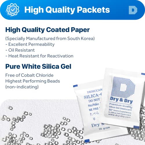 Dry & Dry 10 Gram [100 Packets] Silica Gel Packets Silica Gel Desiccants, Silica Gel Packs - Rechargeable (Food Safe) Silica Gel Packets, Silica Packets