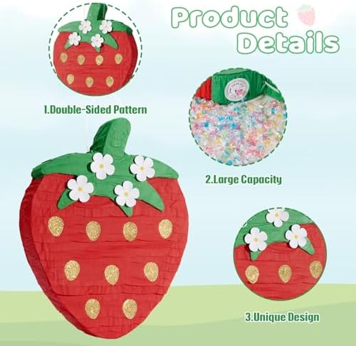 Wernnsai Red Strawberry Piñata For Kids - Strawberry Baby Shower Pinata Strawberry Birthday Party Decorations Summer Fruit Themed Party Game Supplies With Bat Blindfold 16.5" × 11.6" ×3"