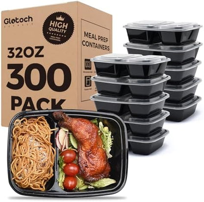 Glotoch Express 32oz Black Two-Compartment Square Meal Prep Containers, Food Storage Containers with Lids for Microwave Dishwasher Freezer Safe 300pack